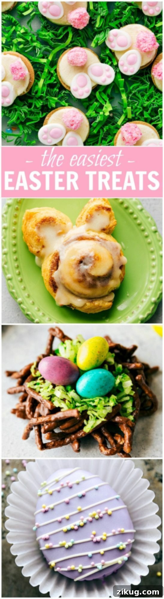 Four simple and delicious Easter treats: Bunny Bum Cookies, Easter Bunny Cinnamon Rolls, Easter Egg Nests, and Mini Egg Petit Fours, perfect for minimal effort and time.