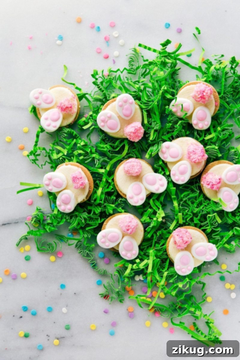 A vibrant collage showcasing four easy Easter treats: Bunny Bum Cookies with fluffy tails, shaped Cinnamon Roll Bunnies, colorful chocolate Egg Nests, and elegant Mini Egg Petit Fours.