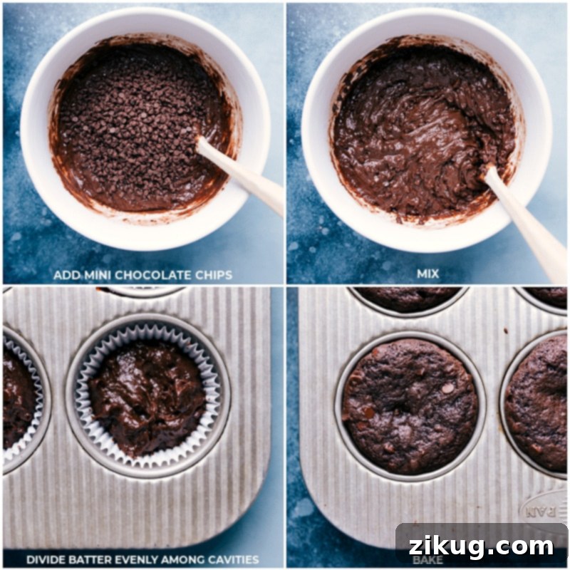 From Batter to Bliss: The Journey of Our Cake Mix Cupcakes Three steps of cupcake making: chocolate chip batter being mixed, batter in a lined muffin pan ready for baking, and freshly baked cupcakes cooling.
