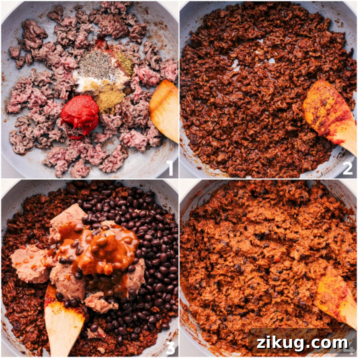 Ground beef browning in a skillet with aromatic taco seasonings and concentrated tomato paste, being prepared for the enchilada filling.