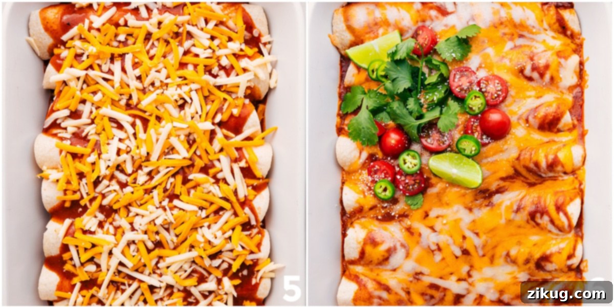 Perfectly baked Ground Beef Enchiladas, golden brown and bubbly with melted cheese and rich red sauce, ready to be enjoyed.