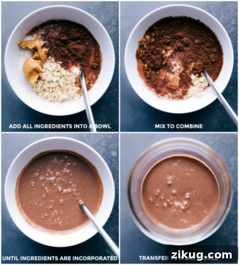 Mixing all the ingredients for chocolate peanut butter overnight oats in a bowl, followed by transferring the mixture to a jar for chilling.