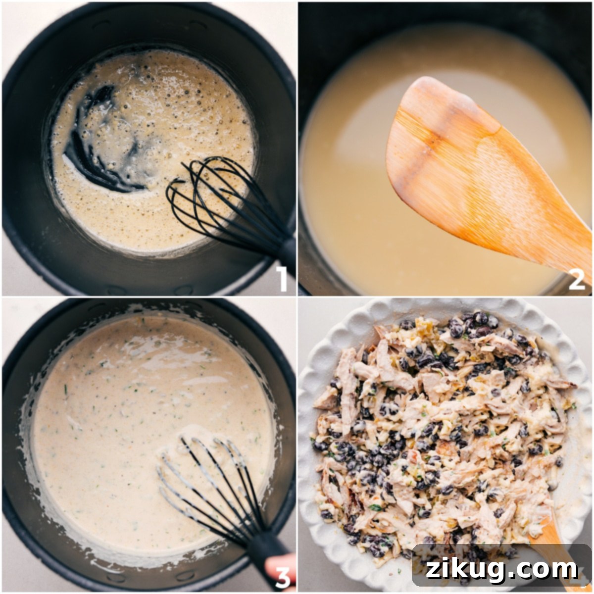 Creamy White Chicken Enchiladas Preparation The creamy enchilada sauce getting whisked together in a saucepan, then generously poured over the seasoned shredded chicken, black beans, and other ingredients to create the luscious filling for these White Chicken Enchiladas.