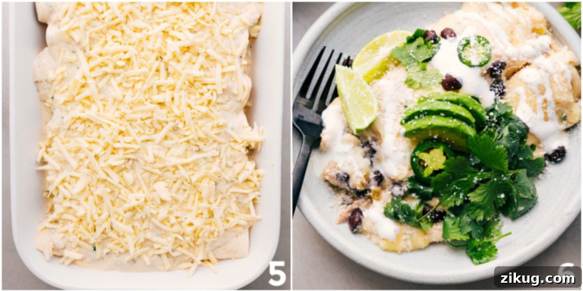 How To Make White Chicken Enchiladas Perfectly The finished dish is beautifully topped with golden-brown melted cheese, baked until bubbly, and garnished with fresh cilantro, creamy avocado slices, and bright lime wedges, ready to be served as a complete meal.