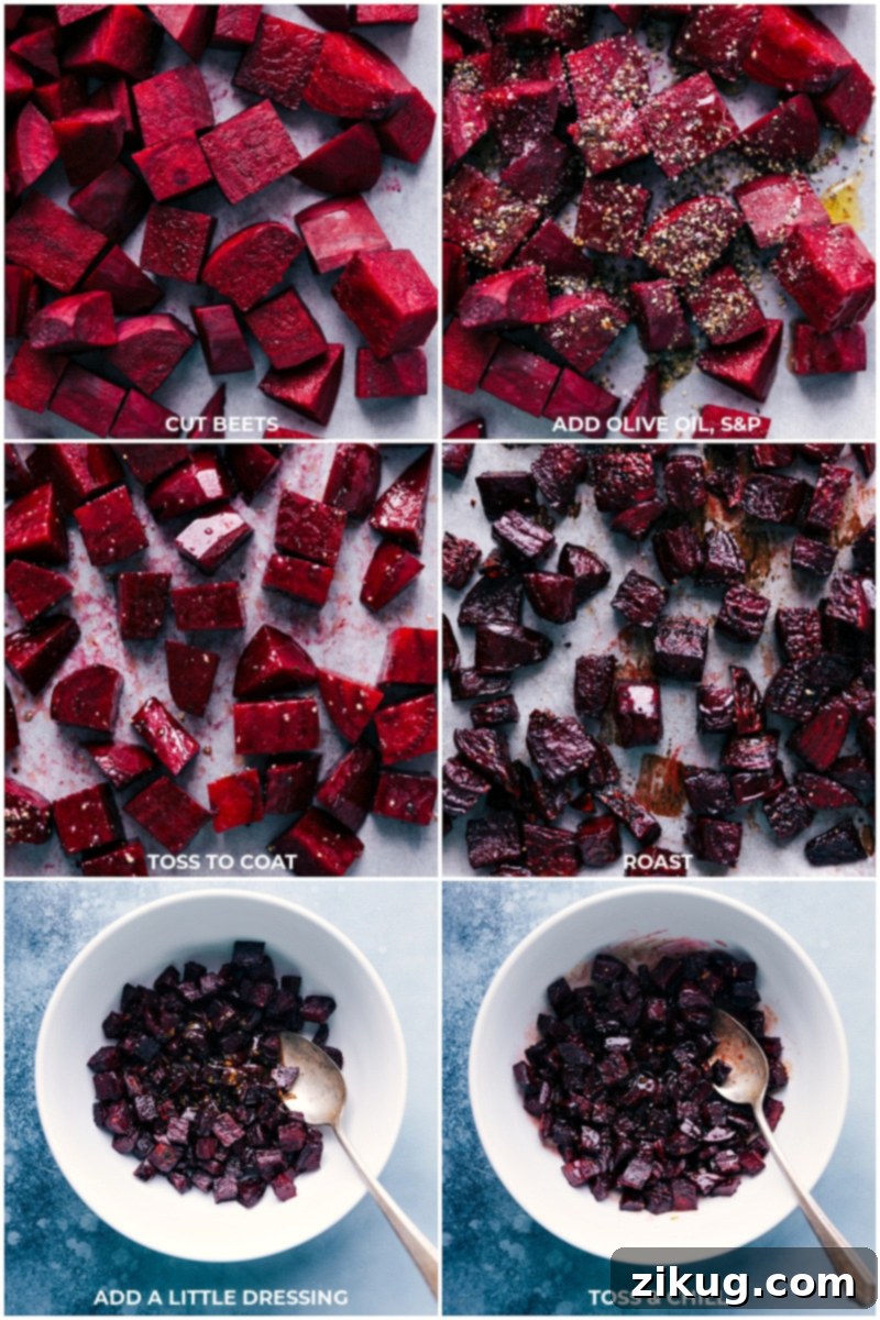 Vibrant Beet Medley 7 A step-by-step process of roasting beets to perfection for the ultimate Beet and goat cheese salad. Learn how to trim, peel, cut, and roast beets for caramelized sweetness, a key component of this vibrant dish.