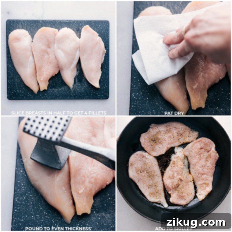 Process shots demonstrating the stages of preparing creamy chicken: from carefully seasoning the chicken breasts to searing them to a beautiful golden brown in a hot skillet, followed by the addition of colorful, fresh vegetables that begin to soften and absorb pan flavors.