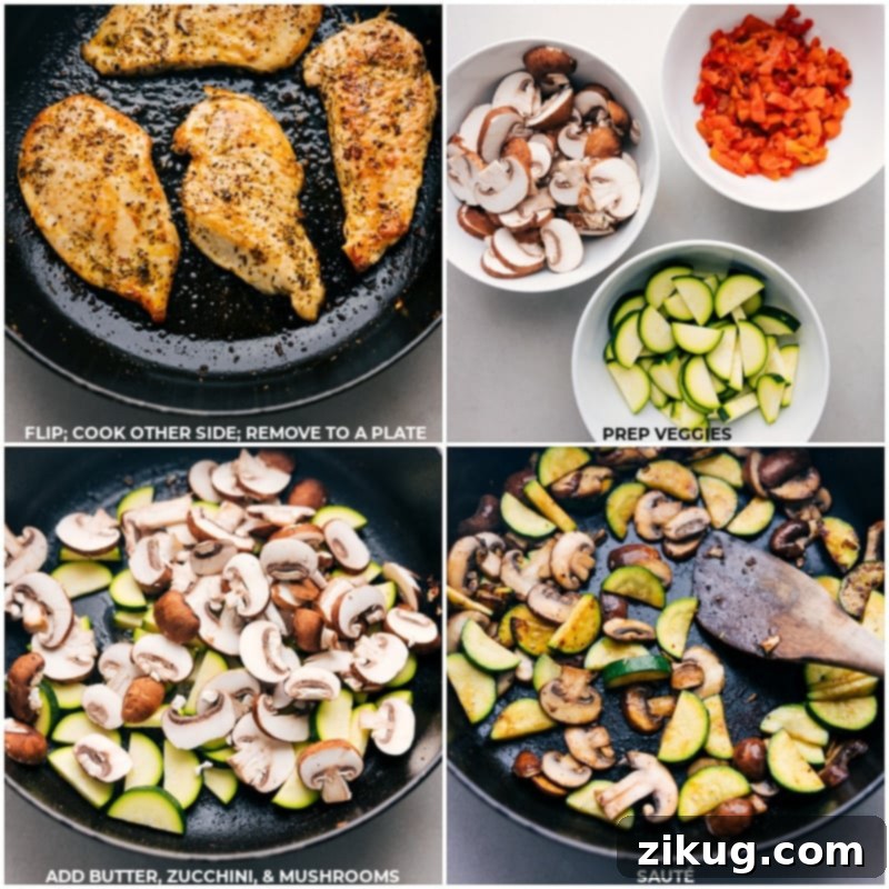 Close-up process shot of vibrant vegetables, including zucchini, mushrooms, and red bell peppers, being expertly sautéed in a hot skillet, capturing the steam and golden-brown bits that contribute to a rich flavor profile.