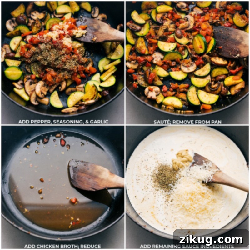 Process shot showing a rich Parmesan cream sauce simmering in a skillet, with fresh basil being stirred in, creating a luscious and fragrant finish. The sauce is visibly thickening.