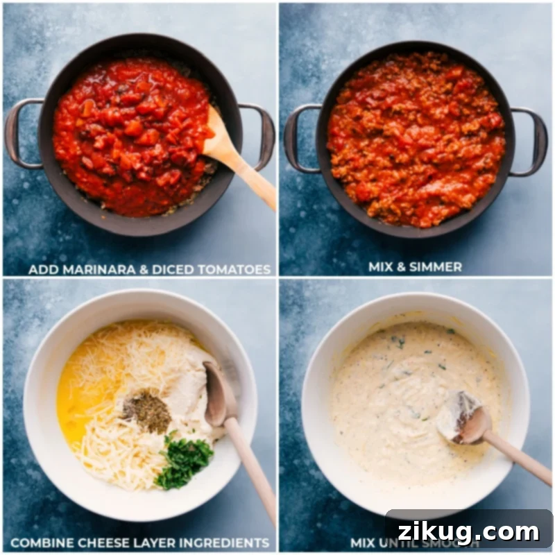 This Skillet Lasagna has it all -- tender sheets of pasta, a savory meat sauce, and a creamy cheese filling. Recipe via ChelseasMessyApron #dinner #quick #easy #onepot #familyfriendly #best #cheesy #skillet #lasagna Process shots of Skillet Lasagna layers showing marinara and diced tomatoes added to the meat sauce, and the creamy cheese filling being mixed.