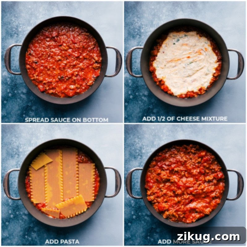 Tender sheets of pasta, a flavorful meat sauce, and a creamy cheese filling. Prepare and cook the lasagna right in one skillet on the stovetop -- no oven required! Recipe via ChelseasMessyApron #dinner #quick #easy #onepot #familyfriendly #best #cheesy #skillet #lasagna Process shots showing the layering of meat sauce, cheese filling, and no-boil lasagna noodles in a skillet.