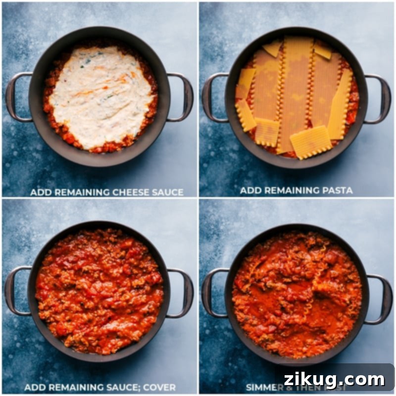 This delicious Skillet Lasagna has it all!. Prepare and cook the lasagna right in one skillet on the stovetop -- no oven required! Recipe via ChelseasMessyApron #dinner #quick #easy #onepot #familyfriendly #best #cheesy #skillet #lasagna Process shots of Skillet Lasagna showing additional layers being added and the final dish simmering gently in the pan.