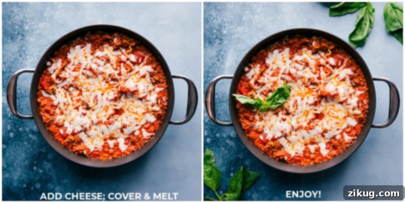 Delicious tender sheets of pasta, a savory meat sauce, and a creamy cheese filling. Prepare and cook the lasagna right in one skillet on the stovetop -- no oven required! Recipe via ChelseasMessyApron #dinner #quick #easy #onepot #familyfriendly #best #cheesy #skillet #lasagna Overhead shot of a rich, cheesy Skillet Lasagna ready to be served, with melted mozzarella and herbs on top.
