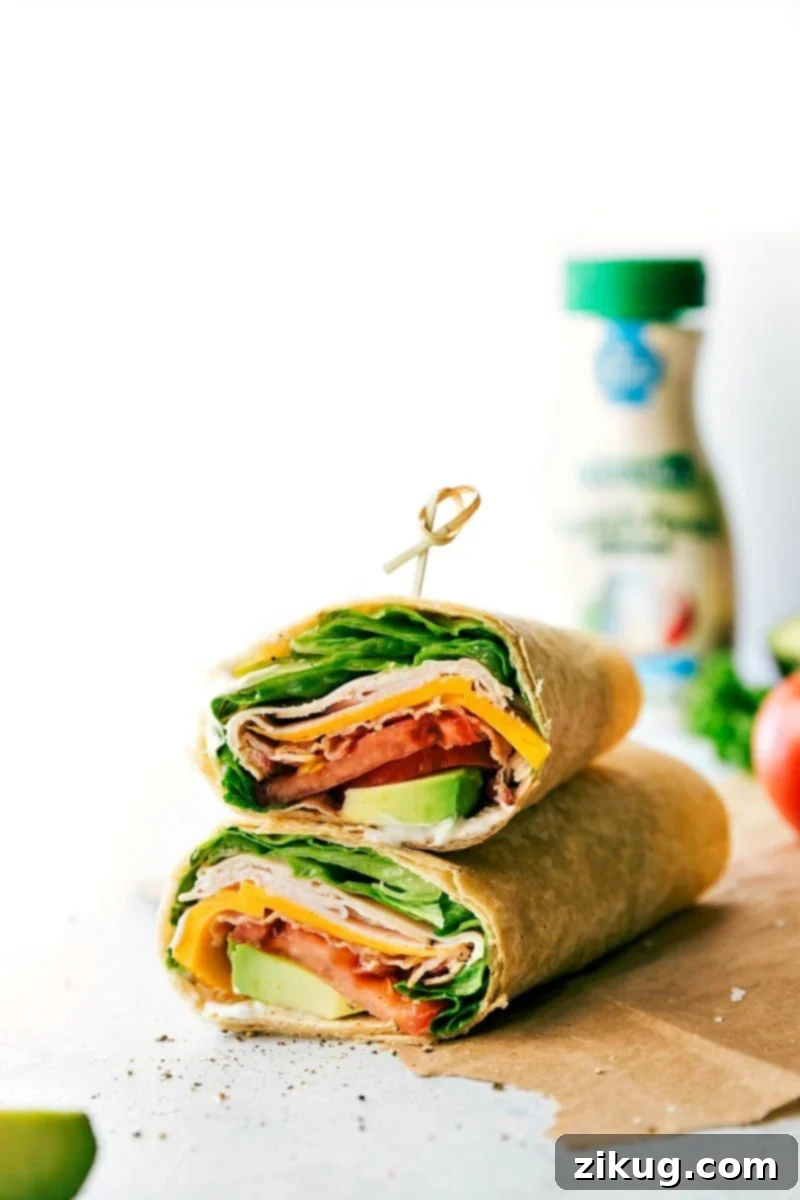 Delicious Turkey Avocado Wraps stacked on a plate