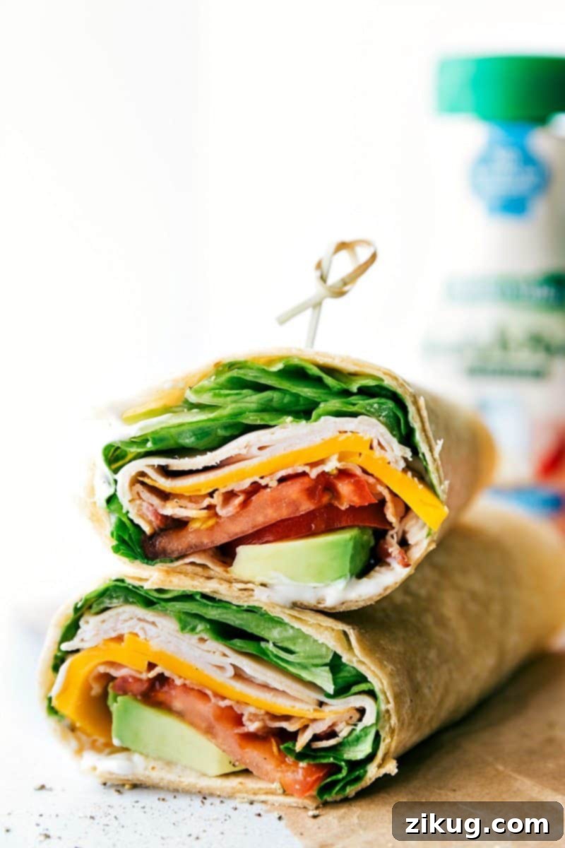 Close-up of a delicious Turkey Avocado Wrap ready to be eaten for lunch
