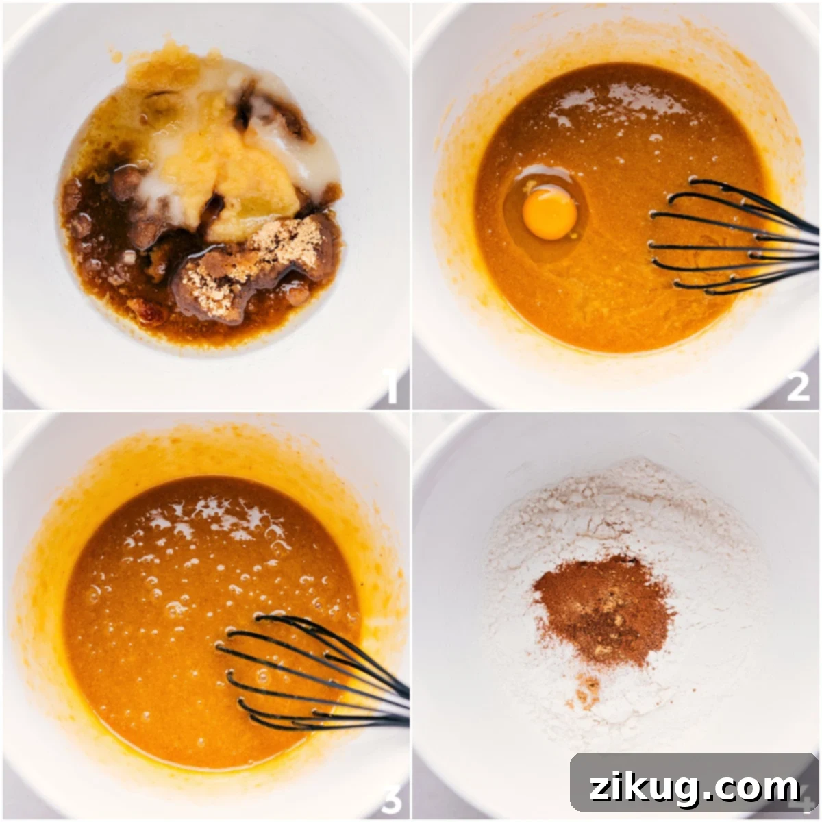 A visual guide showing the initial steps of carrot cake preparation: whisking wet ingredients in one large bowl and meticulously combining dry ingredients in another, a fundamental practice for achieving the perfect cake texture.