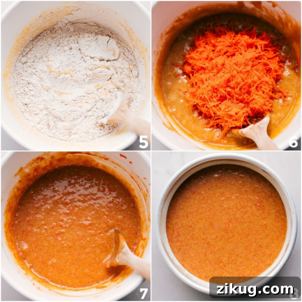 Illustrative steps for making carrot cake: meticulously combining the wet and dry ingredients, gently folding in the freshly shredded carrots, and carefully pouring the homogeneous batter into the prepared cake pans, ready for baking.