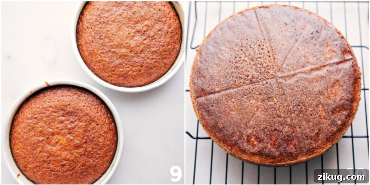 Freshly baked carrot cakes, golden brown and perfectly risen, carefully placed on a wire rack to cool down completely, a vital step before applying the decadent frosting.