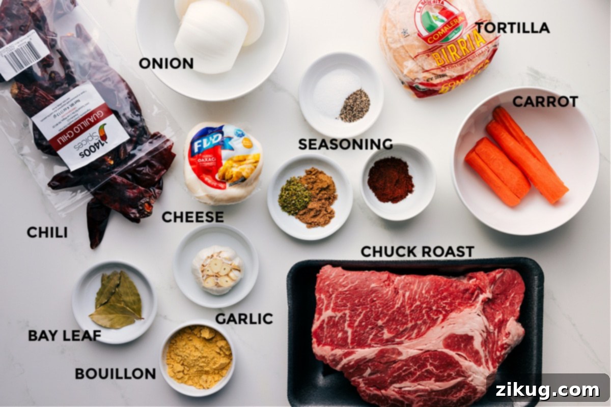 A vibrant display of Quesabirria ingredients including beef chuck roast, guajillo chiles, onions, garlic, carrots, spices, tortillas, and Oaxaca cheese.