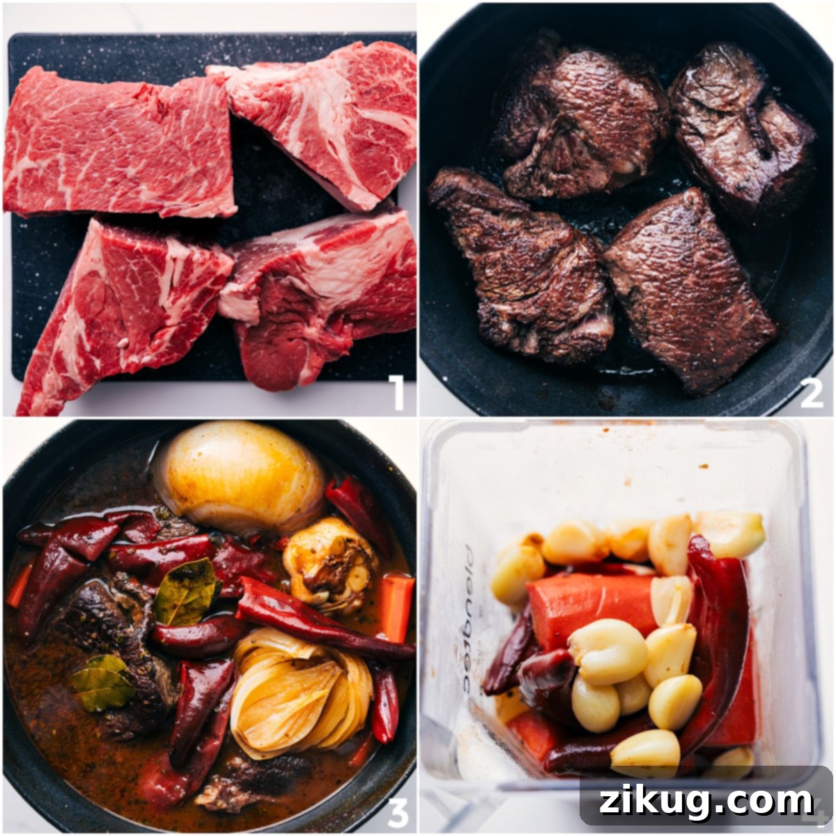 Step-by-step imagery showing beef searing, ingredients simmering, and the sauce being blended for Quesabirria Tacos.