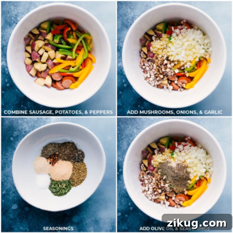 Mixing the seasoned Italian sausage and vegetables before packing into foil. All ingredients for Foil Pack Italian Sausage and Veggies tossed together in a large mixing bowl, ready for portioning into foil.