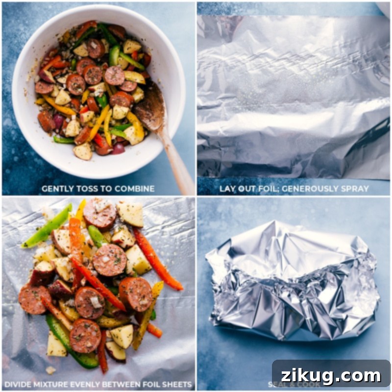 Prepared foil packs, perfectly sealed and awaiting the grill, oven, or campfire. Foil packets filled with Italian sausage and vegetables, sealed and ready for cooking.
