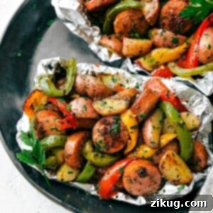 Foil Pack Italian Sausage and Veggies A close-up of a prepared Foil Pack Italian Sausage and Veggies meal.