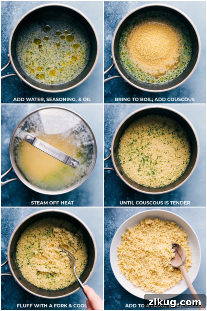 This Asparagus Salad combines crisp roasted asparagus, fresh cherry tomatoes, garlicky couscous, and feta cheese with a simple balsamic vinaigrette. It makes the perfect spring salad that's a hit wherever it's served! Process shots: making garlicky couscous for the asparagus salad.