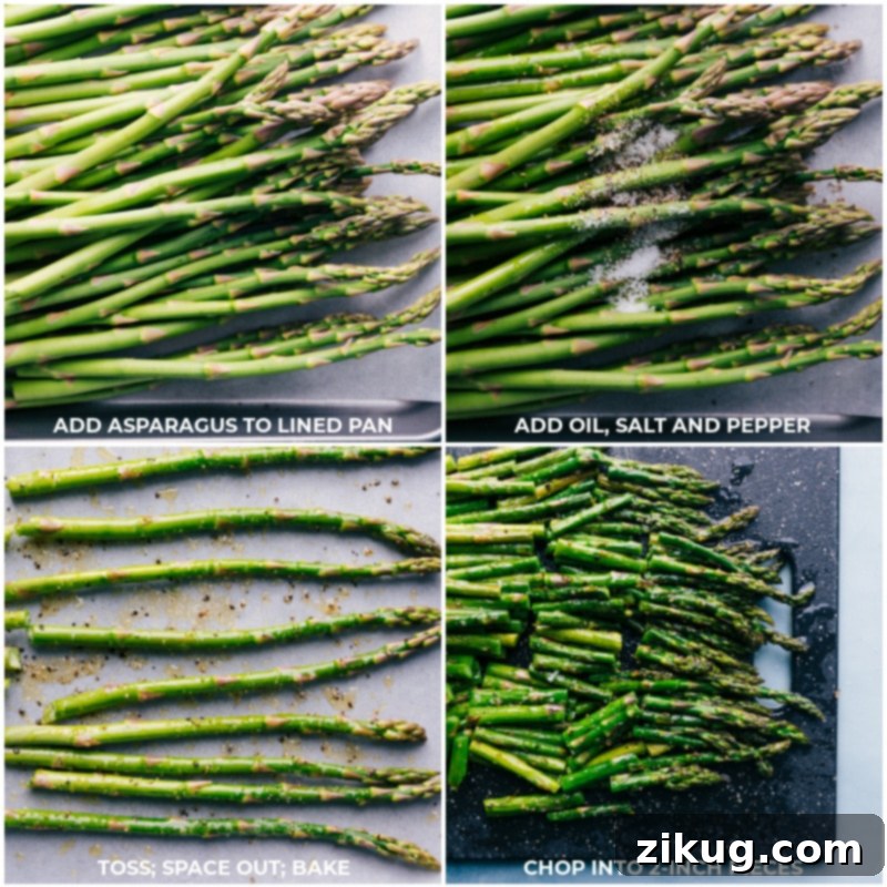 This Asparagus Salad combines crisp roasted asparagus, fresh cherry tomatoes, garlicky couscous, and feta cheese with a simple balsamic vinaigrette. It makes the perfect spring salad that's a hit wherever it's served! Process shot: roasting asparagus on a sheet pan until golden and tender.