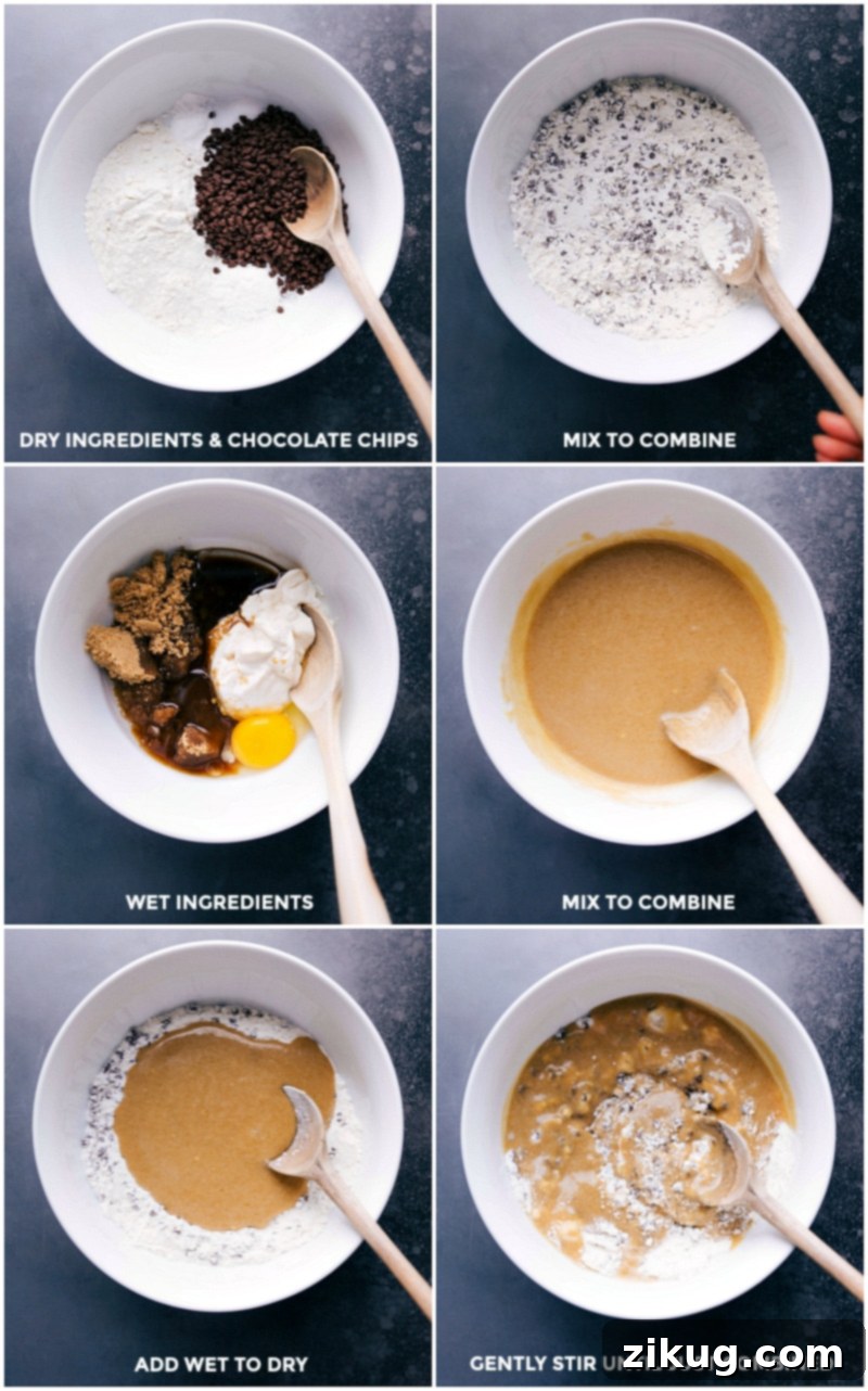 These Healthy Chocolate Chip Muffins are crafted with better-for-you ingredients, ensuring exceptional flavor and texture! They're delightfully moist, wonderfully soft, and loaded with miniature chocolate chips in every bite! Recipe by ChelseasMessyApron, perfect for dessert, breakfast, a quick and easy treat or snack. Process shots showing dry ingredients being combined, wet ingredients being mixed, and then both mixtures being gently folded together for healthy chocolate chip muffins.