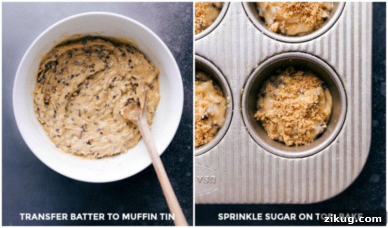 These Healthy Chocolate Chip Muffins, from ChelseasMessyApron, are made with wholesome ingredients without compromising flavor or texture! They're moist, soft, and every bite is filled with miniature chocolate chips, making them a perfect healthy breakfast, snack, or dessert. Process shots of Healthy Chocolate Chip Muffins batter being mixed and spooned into a prepared muffin pan.