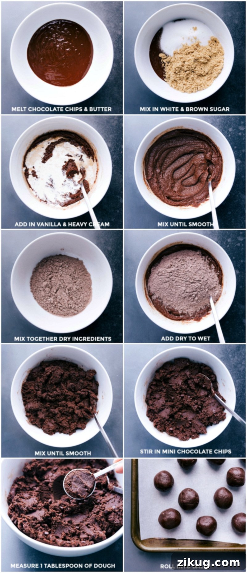 The soft, truffle-like filling is dipped in melted chocolate and optionally sprinkled in sea salt (if you like salty-sweet!). Recipe via ChelseasMessyApron #dessert #best #quick #easy #simple #chocolatechip #seasalt #nobake #brownie #bites Process shots-- making the batter; rolling into balls.