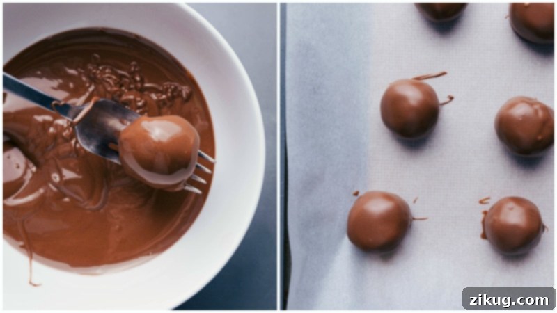 These delicious No Bake Brownie Bites are rich, deeply fudgy, and completely indulgent! The soft, truffle-like filling is dipped in melted chocolate and optionally sprinkled in sea salt (if you like salty-sweet!). Recipe via ChelseasMessyApron #dessert #best #quick #easy #simple #chocolatechip #seasalt #nobake #brownie #bites Process shots-- images of the no bake brownie bites being dipped in chocolate and put on a tray