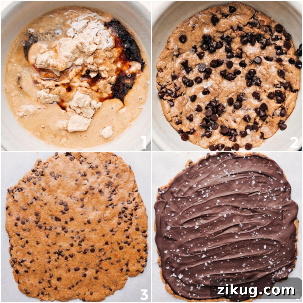 Step-by-step assembly of Cookie Dough Bark: cookie dough being mixed in a bowl, then spread smoothly onto parchment paper to chill, finally topped with a generous layer of melted chocolate and a sprinkle of flaky sea salt for an exquisite finish.