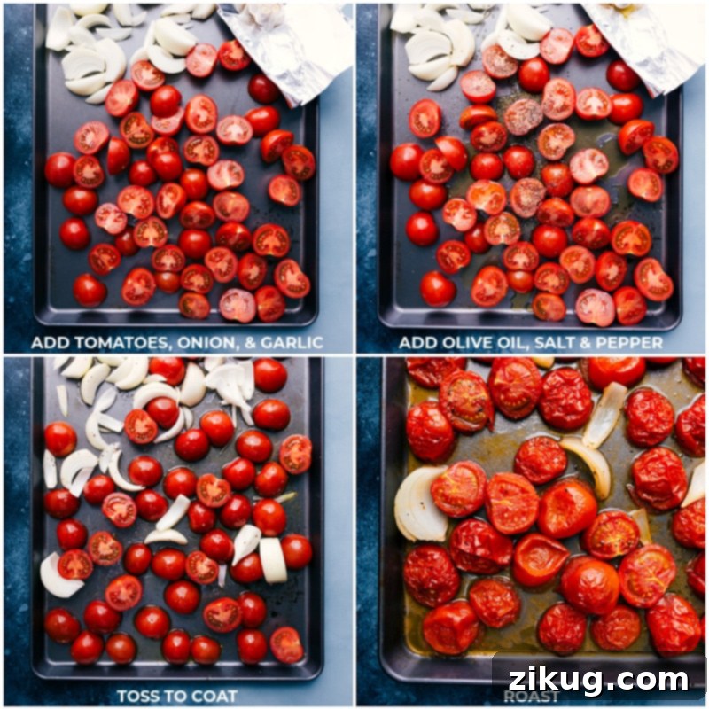 Roasted Vegetables for Tomato Basil Soup Fresh tomatoes, onions, and a head of garlic arranged on a sheet pan, drizzled with olive oil and seasoning, ready for roasting.