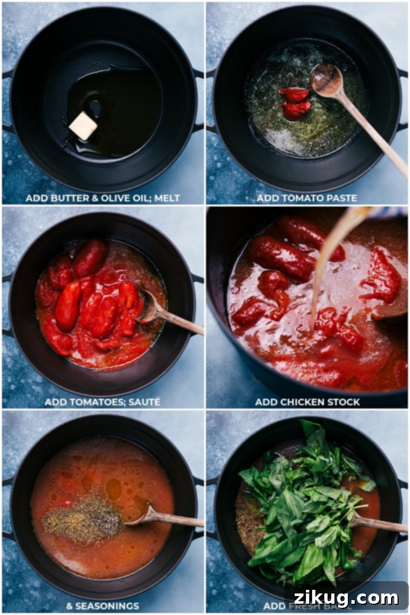Simmering Homemade Tomato Basil Soup Ingredients for Tomato Basil Soup being added to a large stockpot, including roasted vegetables, canned tomatoes, and fresh basil.