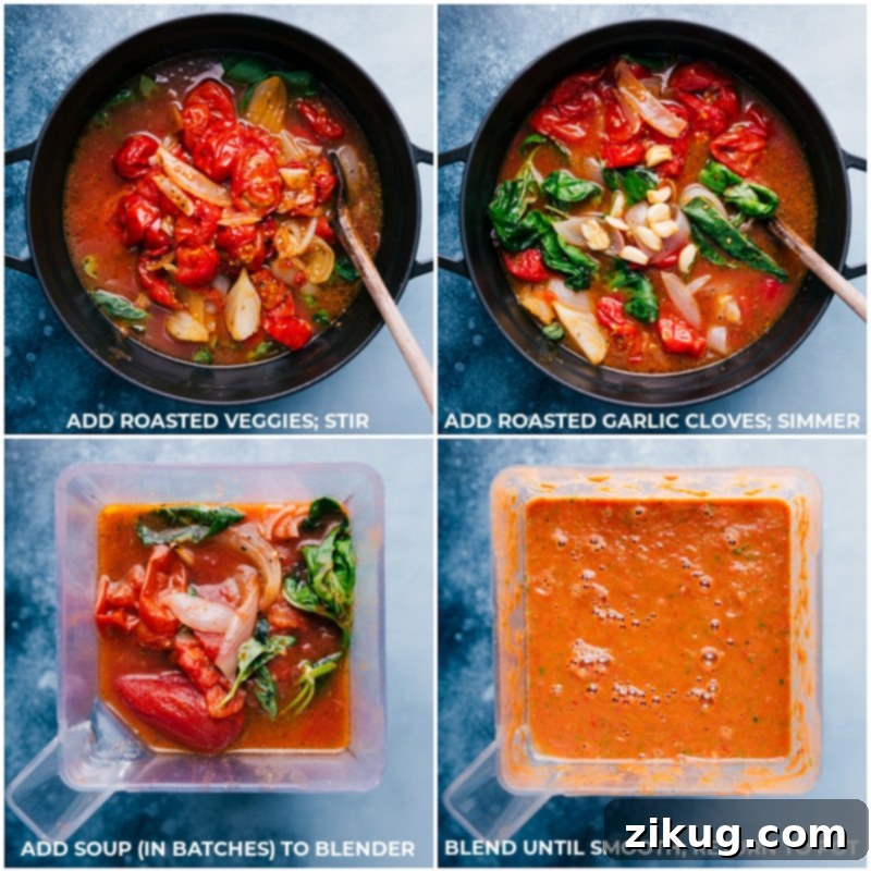 Blending Tomato Basil Soup for Creaminess A high-powered blender blending the rich, red tomato basil soup until perfectly smooth and creamy.