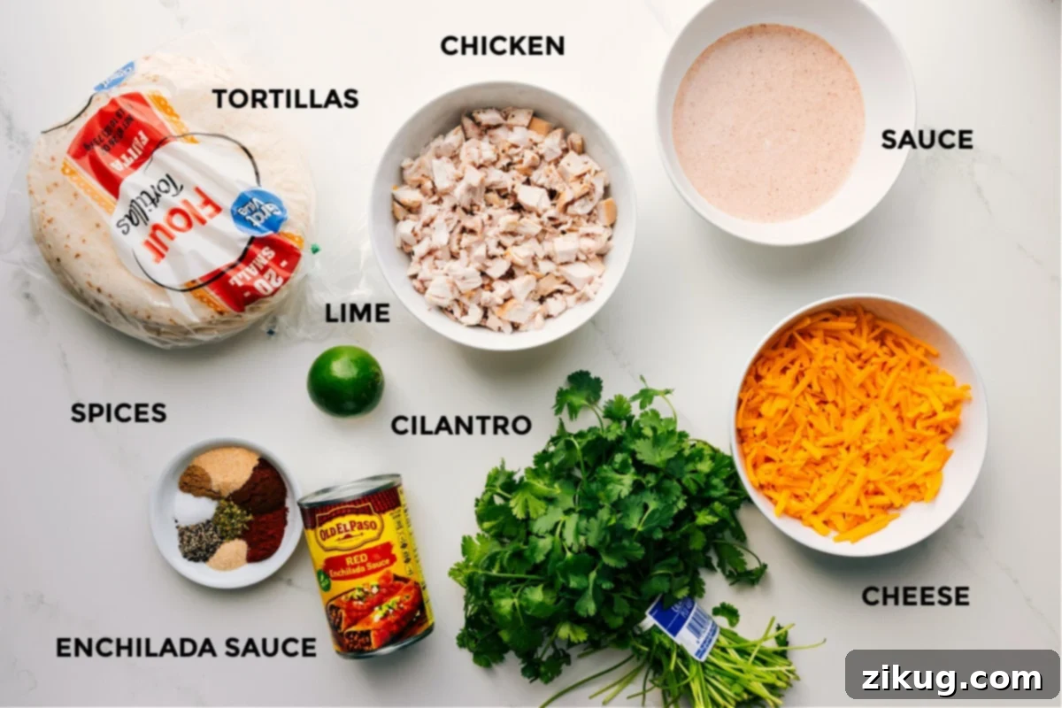 All essential ingredients for delicious baked chicken tacos are neatly prepped on a counter, including shredded cooked chicken, vibrant cilantro, zesty limes, a blend of spices, rich enchilada sauce, various cheeses, and a stack of flour tortillas, all ready for easy assembly.