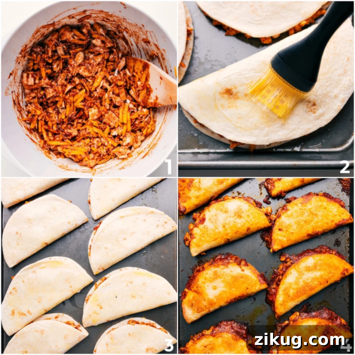 Step-by-step imagery showing the preparation of baked chicken tacos: first, the chicken mixture is perfectly combined in a bowl, then generously filled into soft tortillas. Finally, the filled tortillas are brushed with oil and arranged on a baking sheet, ready for the oven to bake to crispy, golden perfection.