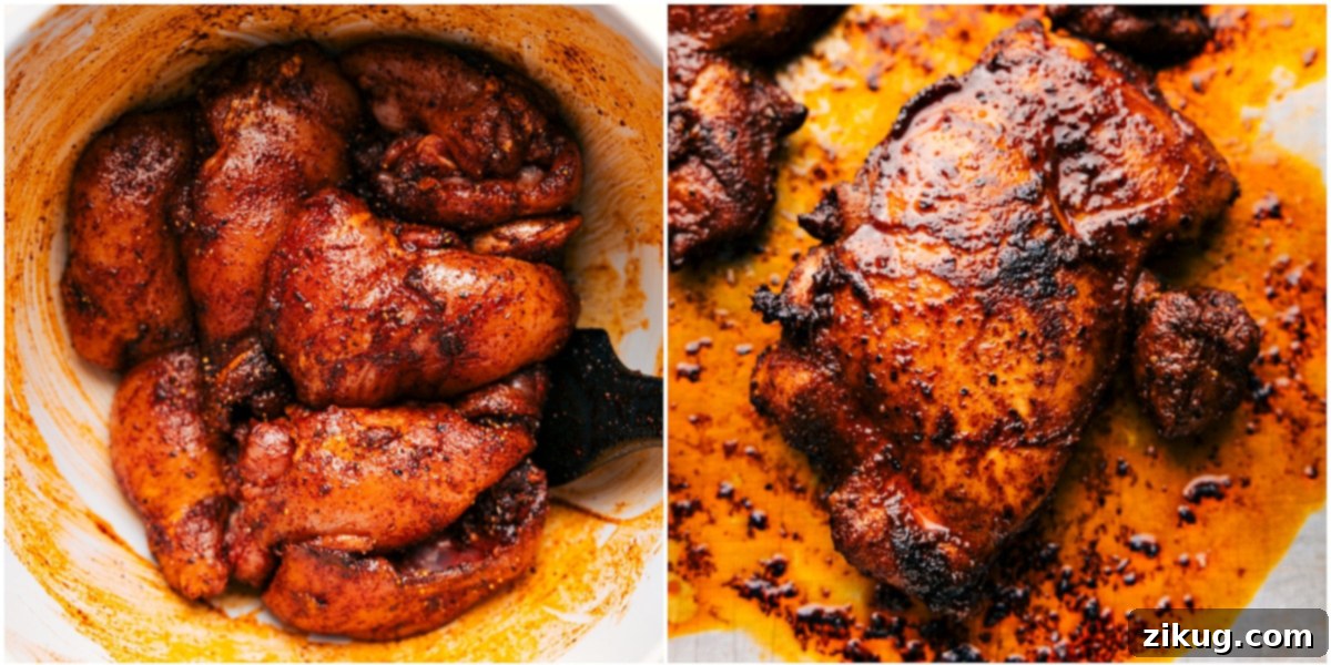 How To Prepare Asian Chicken Bowls The seasoned chicken is beautifully coated in a flavorful spice rub and cooked to perfection on a baking sheet, ready to be added to the Asian chicken bowls.