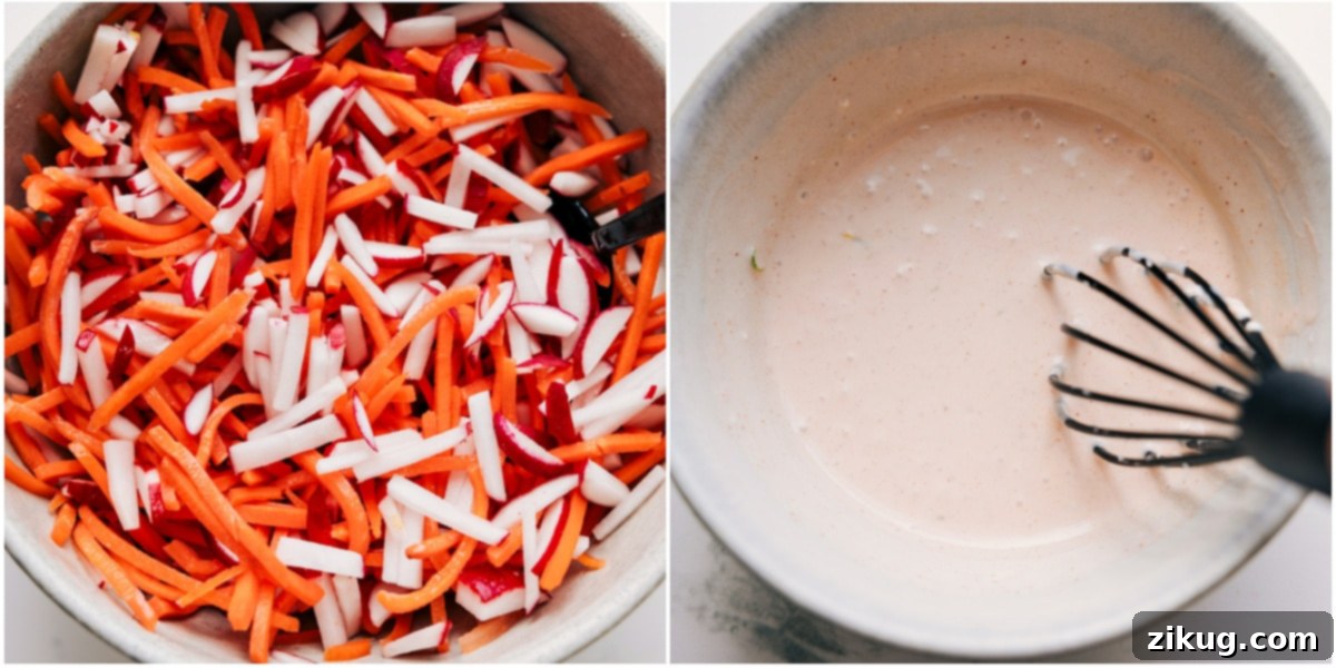 The Best Sauce And Radish-Carrot Salad For Asian Chicken Bowl A vibrant bowl of quick-pickled radish and carrot salad is shown next to a separate bowl holding the whisked creamy Sriracha sauce, highlighting the fresh components for the Asian Chicken Bowl.