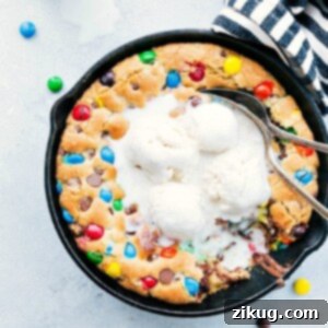 Freshly baked, warm pizookie topped with melting vanilla ice cream.