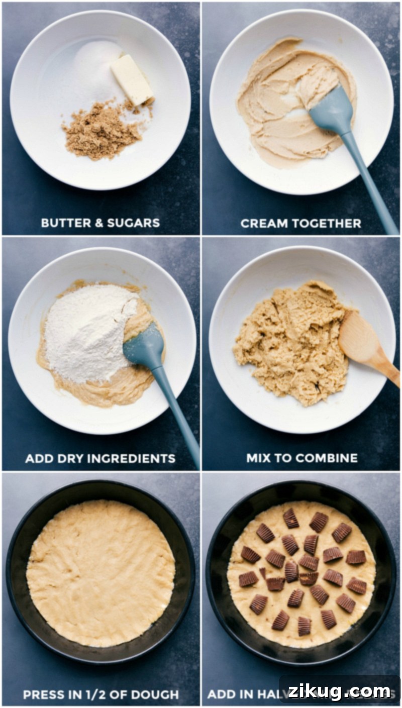 Crafting Pizookie Dough: From Creaming Butter and Sugars to Layering with Reese's Candies Preparing pizookie dough: creaming butter and sugars, mixing in dry ingredients, and pressing the first layer with Reese's candies into a pan.