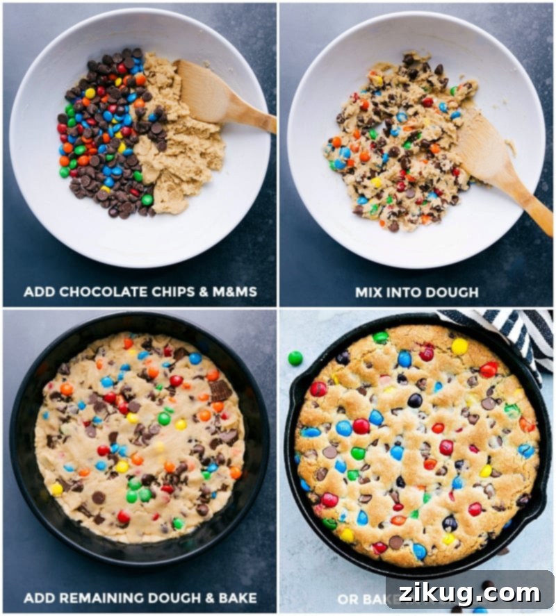 Pizookie Recipe Creation: Incorporating Chocolate Chips and M&M's into Dough for Baking Chocolate chips and M&M's being mixed into the second half of the pizookie dough, then pressed into a pan over Reese's candies for baking.