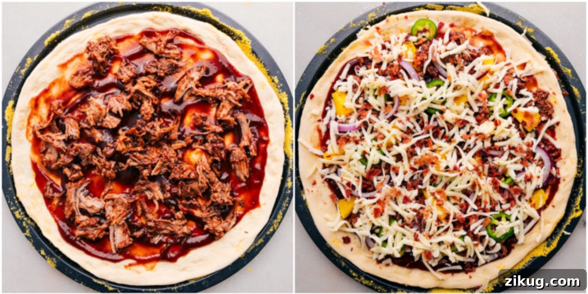 The organized process of assembling the BBQ chicken pizza, with all the carefully prepared ingredients being layered onto the freshly rolled out dough, poised for its delicious transformation in the hot oven.