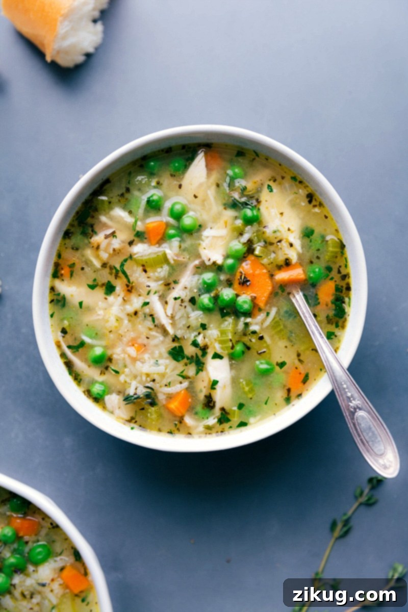 Warm and Delicious Chicken and Rice Soup, Ready to Enjoy Chicken and rice soup in a bowl, warm and delicious, prepared and ready for enjoyment.