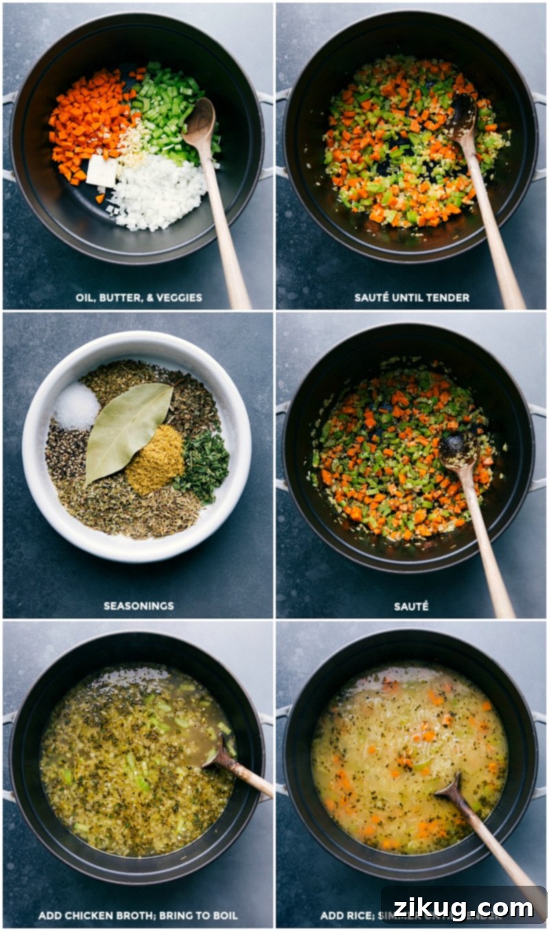 Preparing Chicken and Rice Soup: Sautéing Veggies, Adding Seasonings, and Simmering with Broth Sautéing vegetables, adding seasonings, pouring in broth, and bringing everything to a simmer.