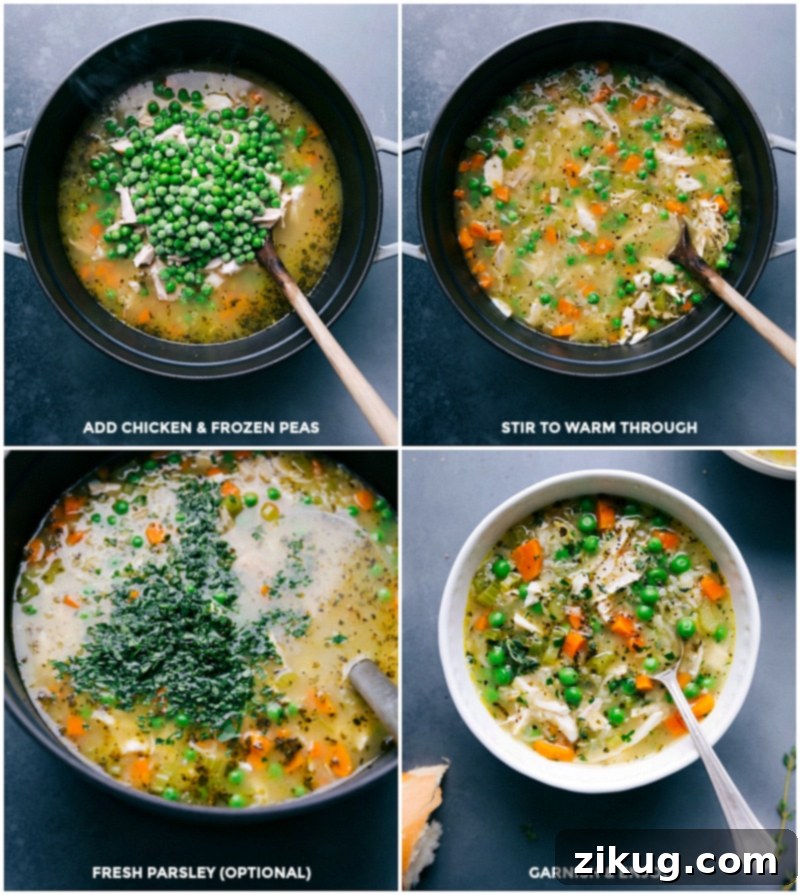 Completing Chicken and Rice Soup: Adding Chicken, Peas, Parsley, and Serving Garnished in a Bowl Adding chicken, peas, and parsley to the soup, with the finished chicken and rice soup recipe served in a bowl and garnished.