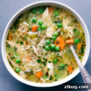 Comforting Chicken and Rice Soup 3 Bowl of the finished recipe, topped with fresh herbs, warm and inviting for enjoyment.