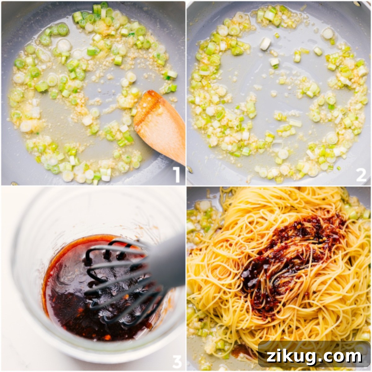 Step-by-Step Guide: How To Make Chili Garlic Noodles A three-panel image demonstrating the cooking process: sliced onions and minced garlic sautéing in melted butter, the savory sauce being whisked in a bowl, and finally, the cooked pasta being tossed with the sauce in a skillet to create Chili Garlic Noodles.
