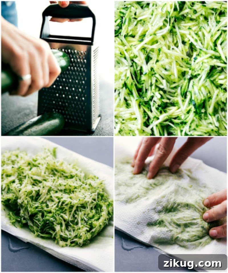 A step-by-step visual guide to preparing zucchini for muffins: grating zucchini finely, then spreading it on paper towels and blotting it to absorb excess moisture.